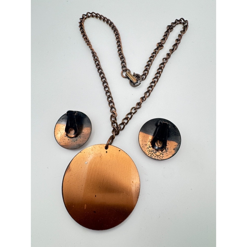 Vintage Copper Necklace Earrings Set 1950s Modernist Sunburst Pendant Flower - Picture 9 of 9